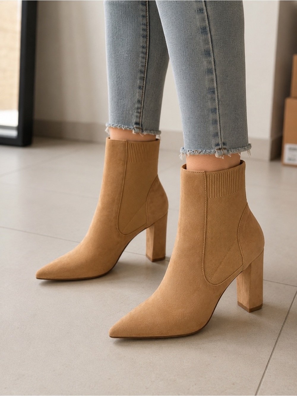Classic Tan Pointed Toe Block Heel Ankle Boots - Women